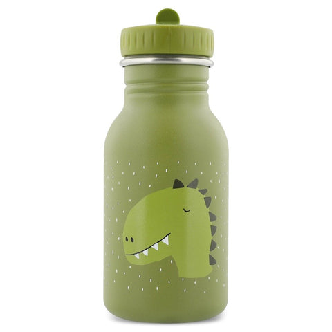 2. Green stainless steel bottle with dinosaur illustration and dotted pattern, shown from front on white background