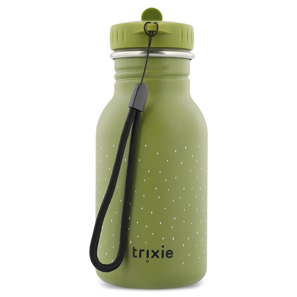 2. Green stainless steel bottle with black carrying loop and Trixie logo, shown from back on white background