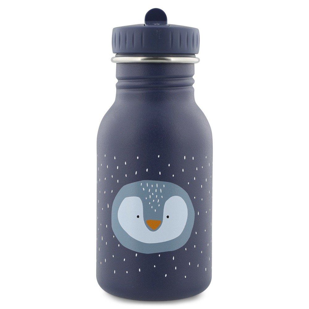 4. Trixie Baby stainless steel bottle with penguin face design on blue background, showing front view