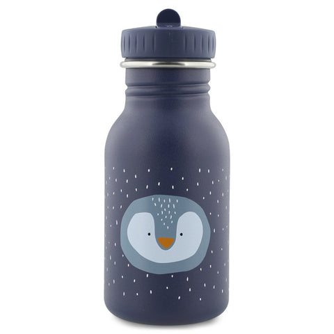 4. Trixie Baby stainless steel bottle with penguin face design on blue background, showing front view