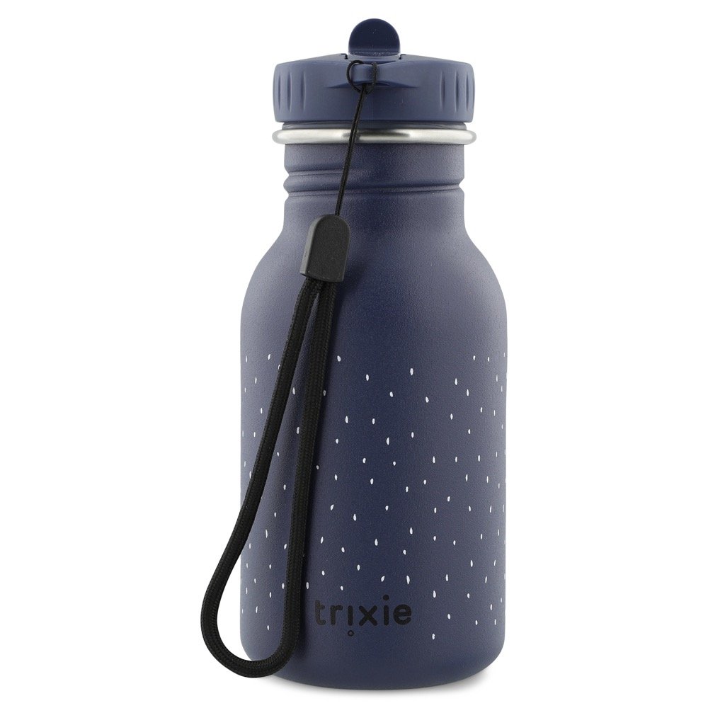 3. Close-up of Trixie Baby stainless steel bottle showing black carrying loop and brand logo on blue background