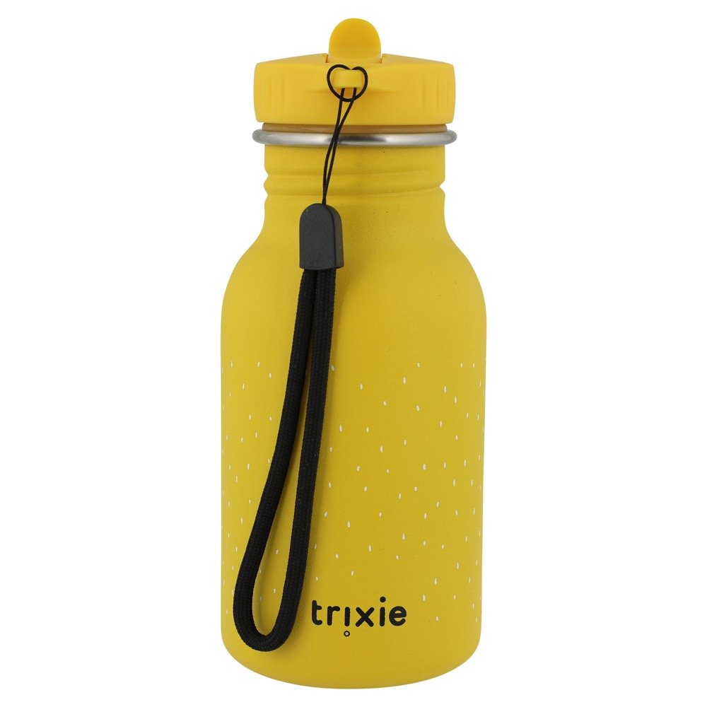 3. Yellow stainless steel bottle with black carrying loop and Trixie logo on clean background