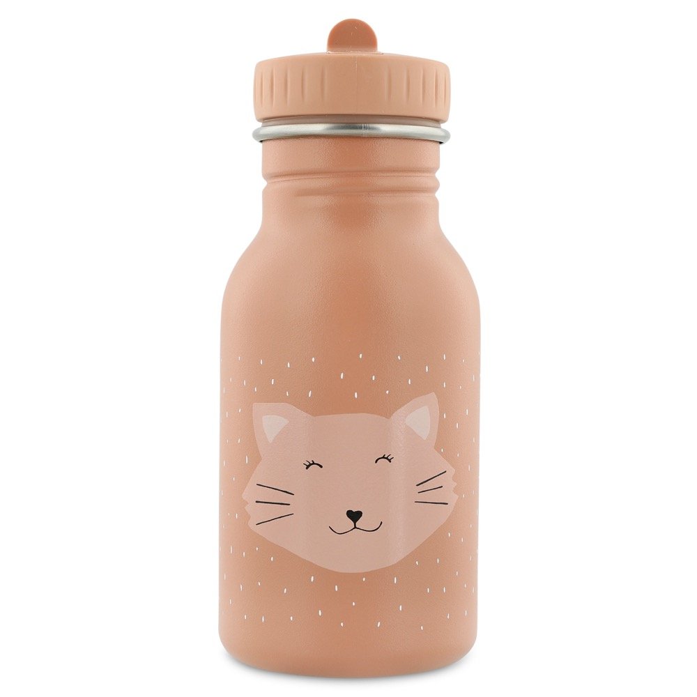 2. Trixie Baby stainless steel bottle with Mrs Cat face design on peach background, featuring easy-open cap