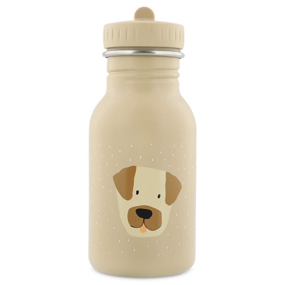 3. Beige stainless steel bottle featuring Mr Dog design on clean background