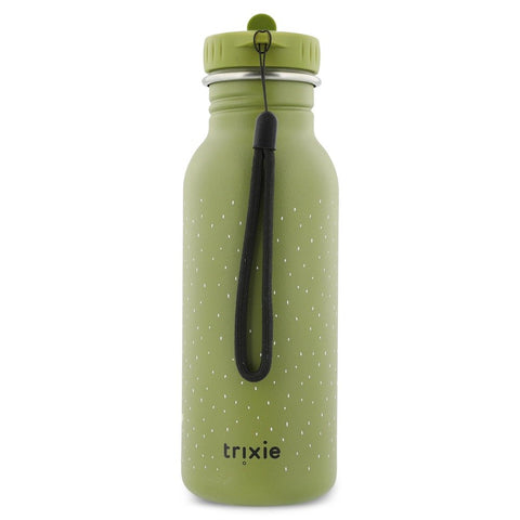 2. Green stainless steel bottle with black carrying loop and Trixie logo, shown from back on white background
