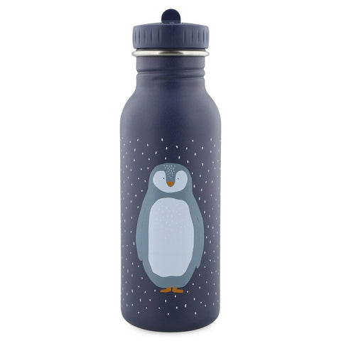 2. Studio shot of Trixie Baby Mr Penguin stainless steel bottle in navy with penguin design and dotted pattern