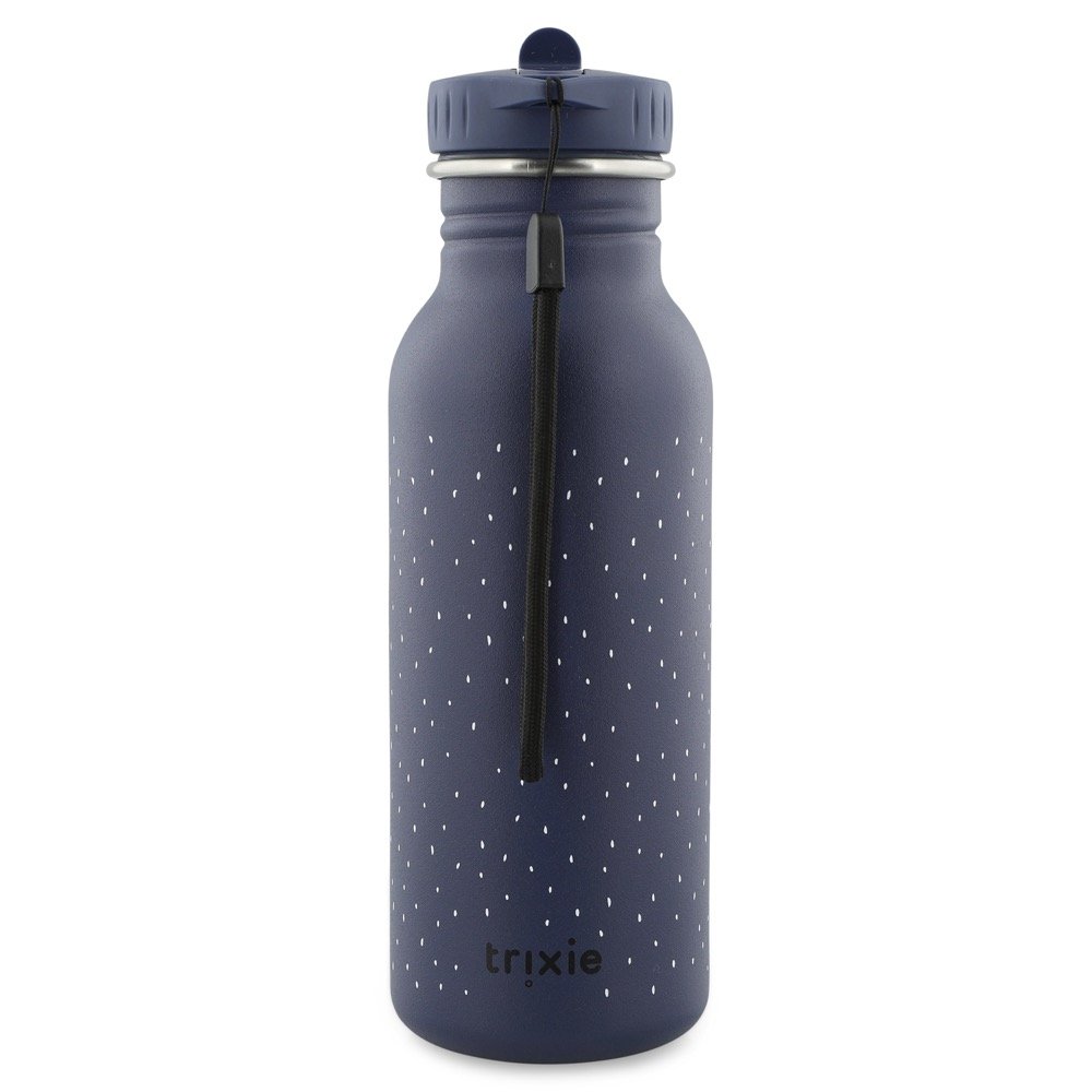 2. Studio shot of Trixie Baby Mr Penguin stainless steel bottle in navy with dotted pattern and carrying loop