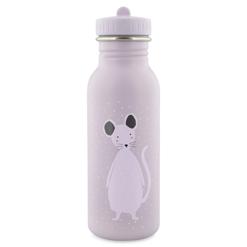 2. Trixie Baby Mrs Mouse stainless steel bottle in lavender with mouse illustration, shown in studio lighting