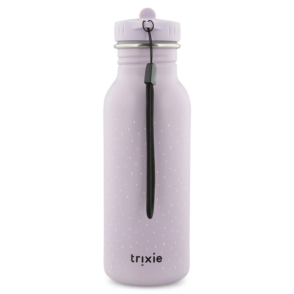 2. Back view of Trixie Baby Mrs Mouse stainless steel bottle in lavender with black carrying loop and Trixie logo