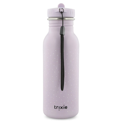 2. Back view of Trixie Baby Mrs Mouse stainless steel bottle in lavender with black carrying loop and Trixie logo