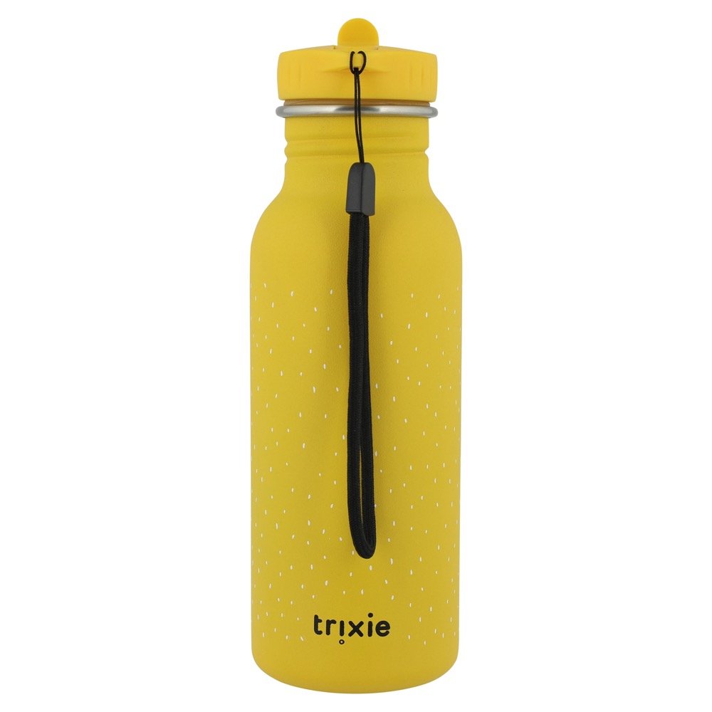 4. Back view of yellow stainless steel bottle with black carrying loop and Trixie logo on white background
