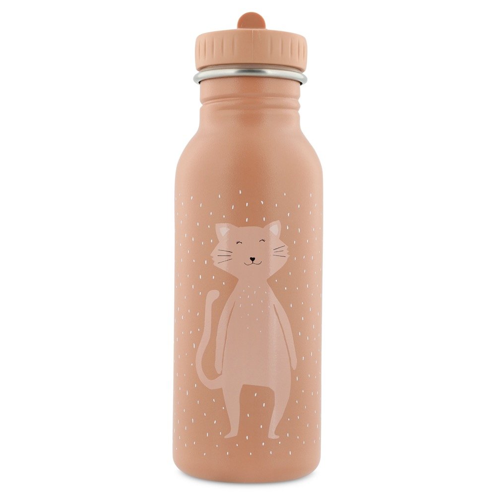 2. Trixie Baby Mrs Cat stainless steel bottle in studio, featuring front view with cat illustration on peach color