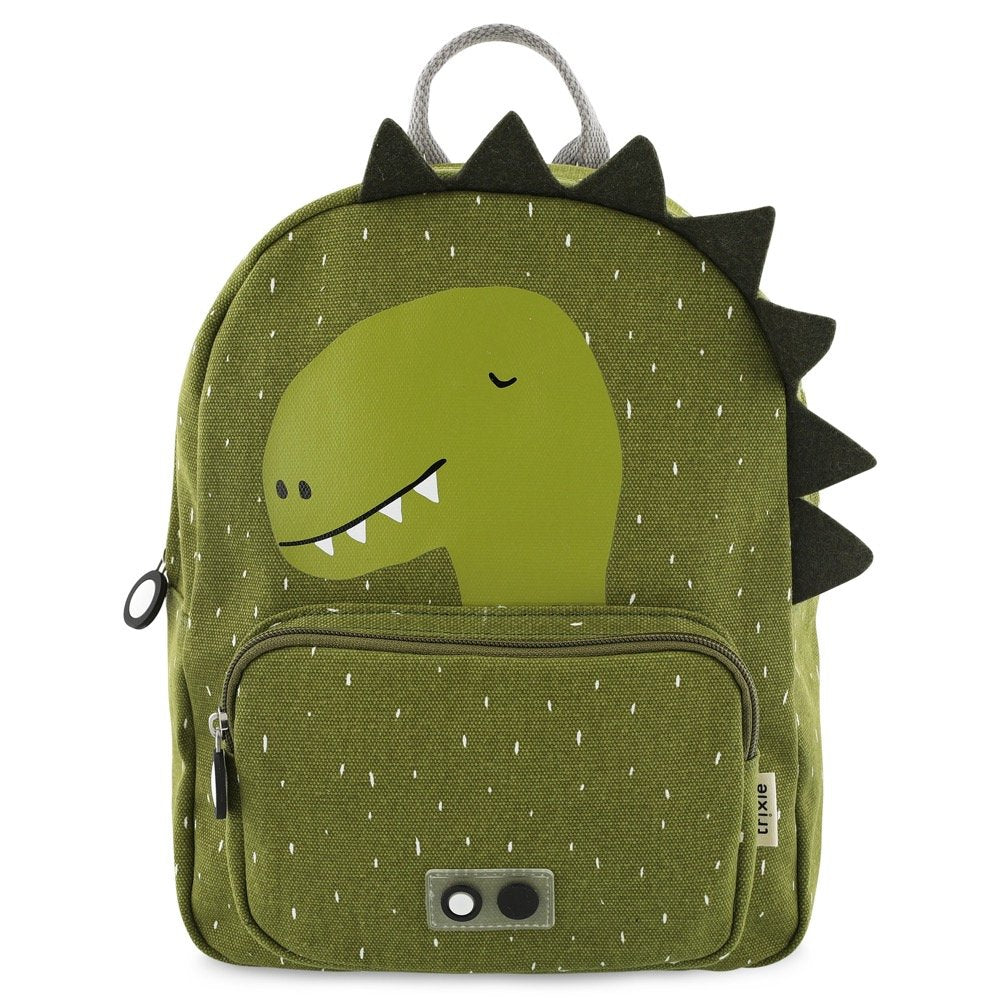 2. Green Mr Dino backpack with dinosaur print and front pocket, featuring black spikes and Trixie logo on clean white background