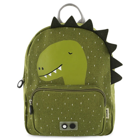 2. Green Mr Dino backpack with dinosaur print and front pocket, featuring black spikes and Trixie logo on clean white background