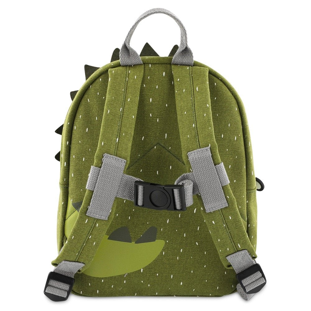2. Back view of green Mr Dino backpack with adjustable grey shoulder straps and chest strap on white background