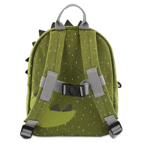 2. Back view of green Mr Dino backpack with adjustable grey shoulder straps and chest strap on white background