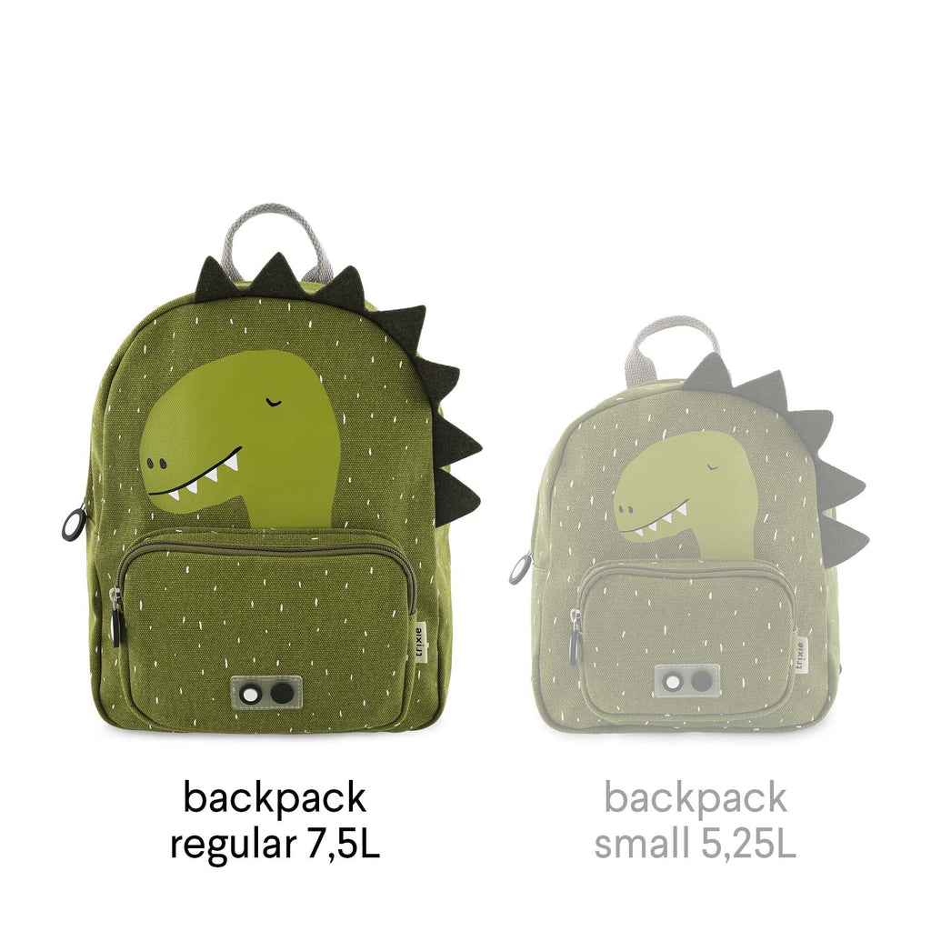 4. Comparison of regular 7.5L and small 5.25L Mr Dino backpacks, both green with dinosaur print and black spikes