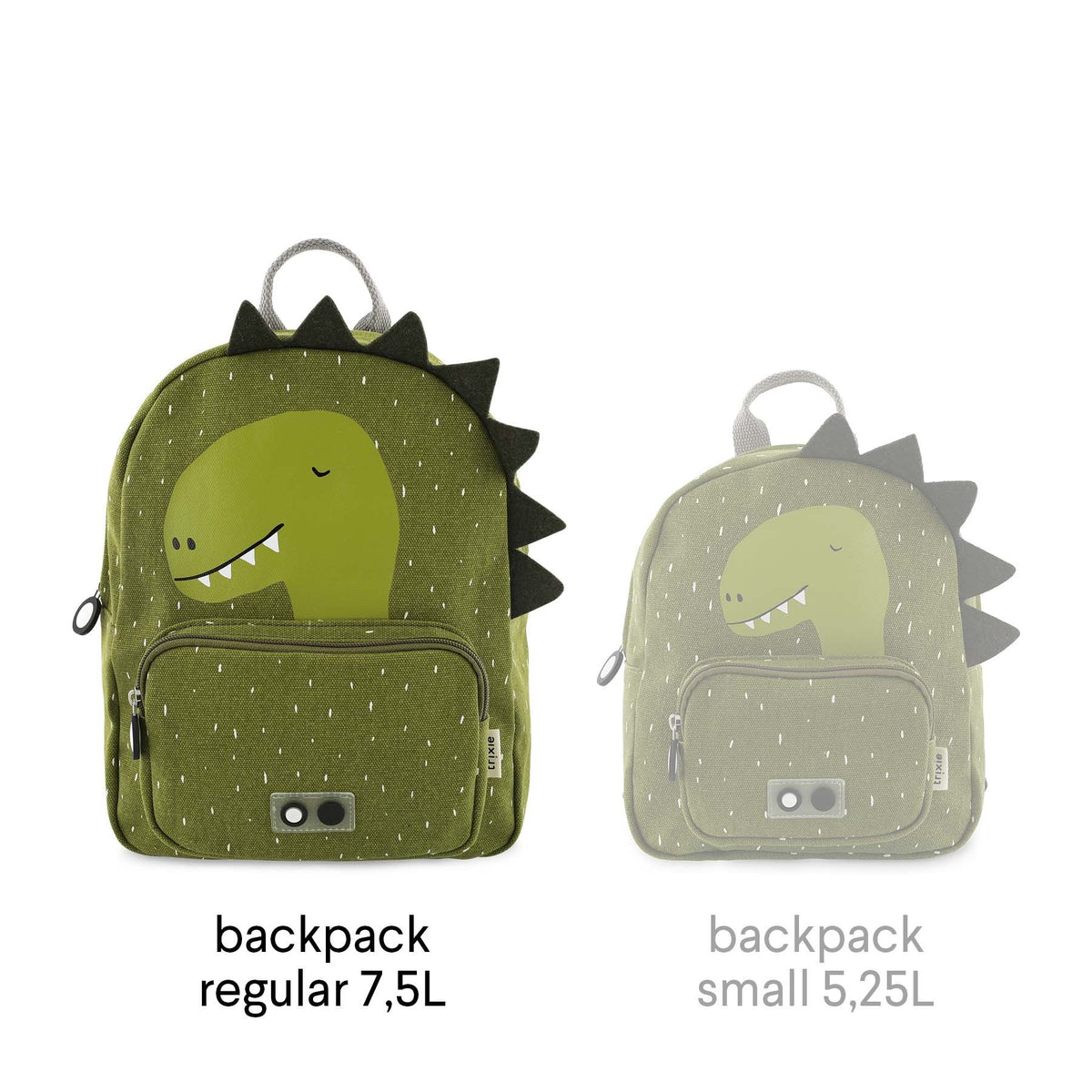 4. Comparison of regular 7.5L and small 5.25L Mr Dino backpacks, both green with dinosaur print and black spikes