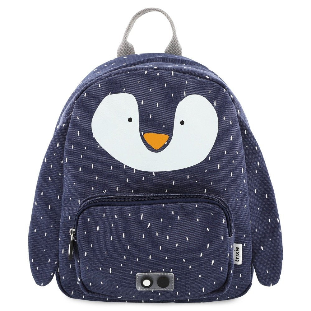 2. Front view of navy blue Mr Penguin backpack with white penguin face and front pocket, featuring easy zipper and Trixie Baby logo