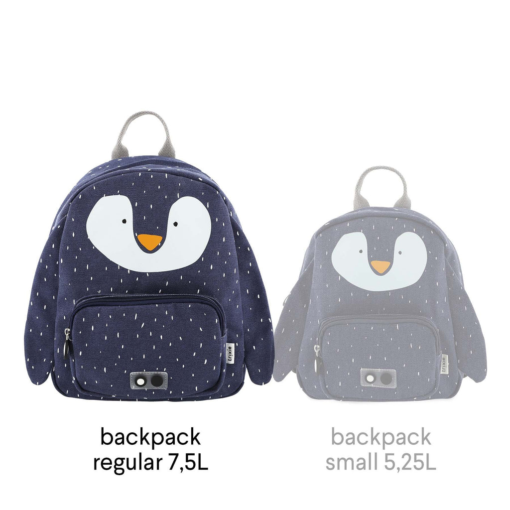 4. Comparison of regular 7.5L and small 5.25L Mr Penguin backpacks, both navy blue with white penguin face, shown side by side