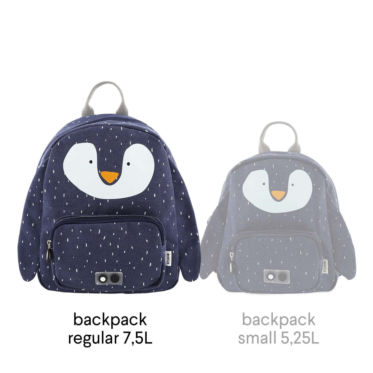 4. Comparison of regular 7.5L and small 5.25L Mr Penguin backpacks, both navy blue with white penguin face, shown side by side