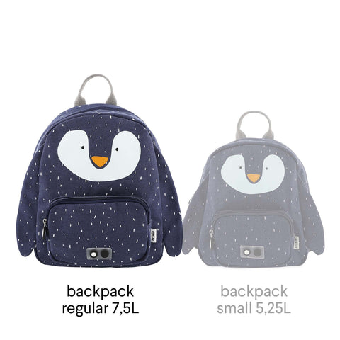 4. Comparison of regular 7.5L and small 5.25L Mr Penguin backpacks, both navy blue with white penguin face, shown side by side