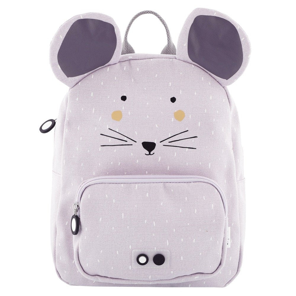 2. Front view of Trixie Baby Mrs Mouse backpack in light purple with mouse face design and front pocket