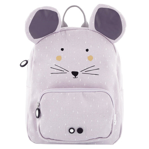 2. Front view of Trixie Baby Mrs Mouse backpack in light purple with mouse face design and front pocket