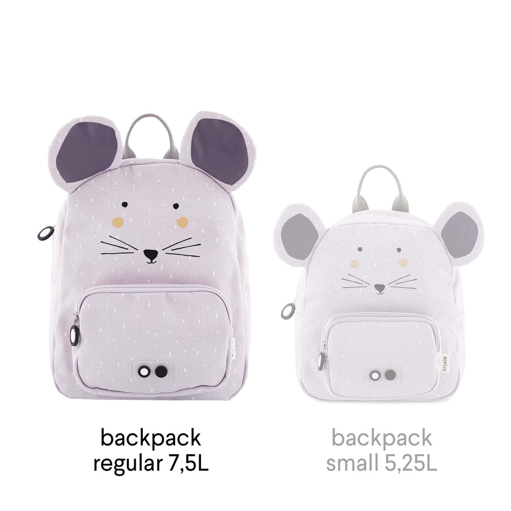 4. Flat lay comparison of Trixie Baby Mrs Mouse backpacks in regular 7.5L and small 5.25L sizes