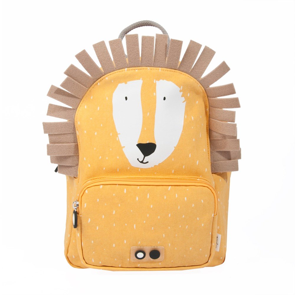 2. Front view of Trixie Baby Mr Lion backpack in yellow with lion face and mane, featuring front pocket and zipper on white background