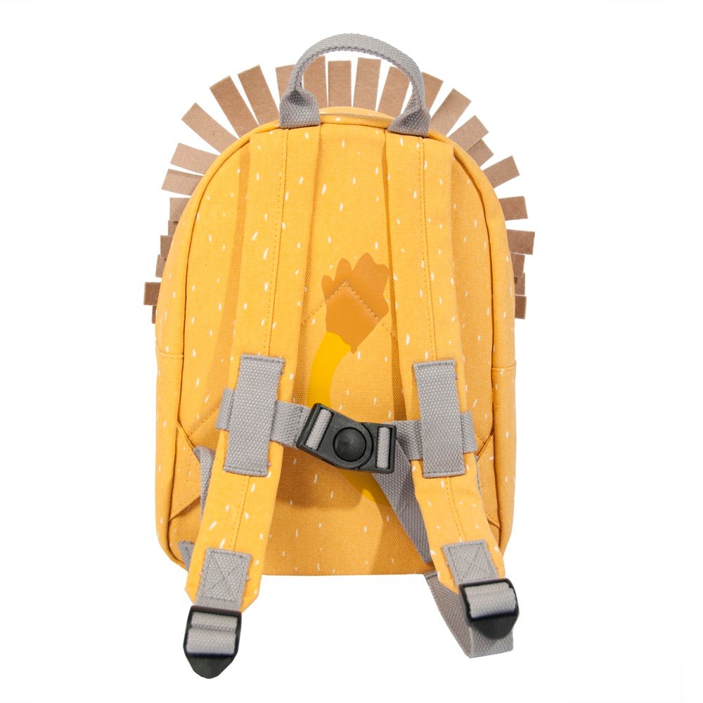 4. Back view of Trixie Baby Mr Lion backpack showing adjustable grey shoulder straps and chest strap on white background