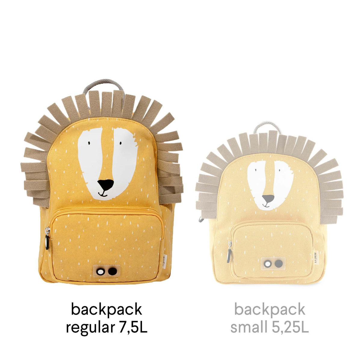 5. Comparison of Trixie Baby Mr Lion backpacks in regular 7.5L and small 5.25L sizes on white background