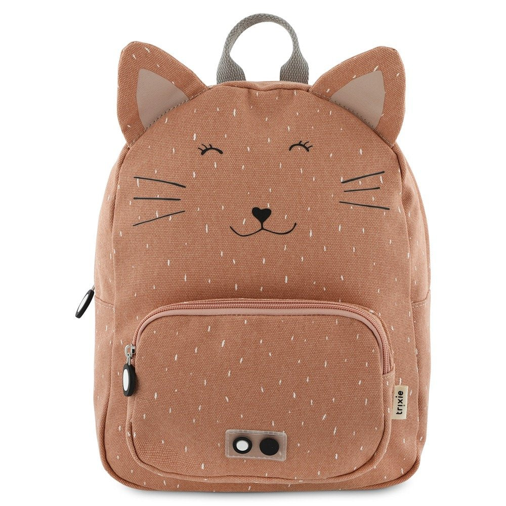 2. Trixie Baby Mrs Cat backpack in brown with cat face design, front view showing front pocket and ears