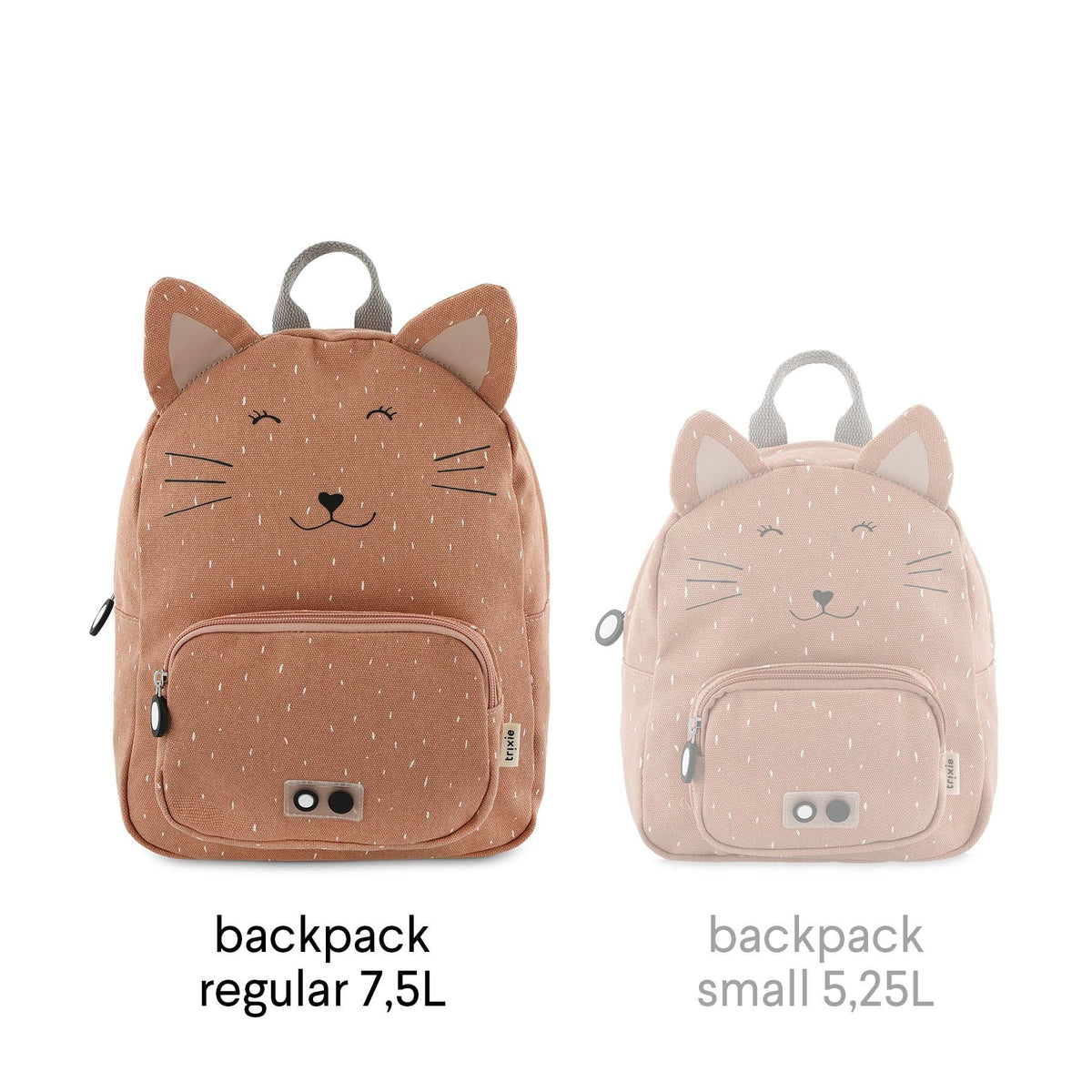 4. Comparison of Trixie Baby Mrs Cat backpacks in regular 7.5L and small 5.25L sizes, front view
