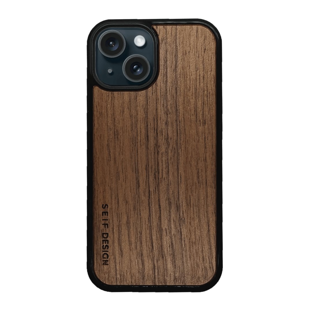2. Walnut wooden iPhone cover by Seif Design with precision cutouts, showing camera and Seif Design logo on a black background