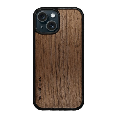 2. Walnut wooden iPhone cover by Seif Design with precision cutouts, showing camera and Seif Design logo on a black background