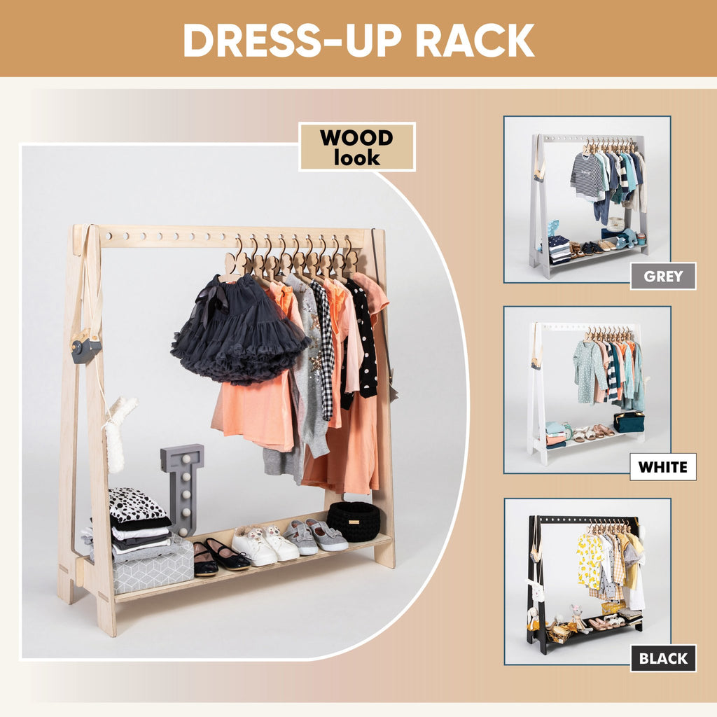 8. Dress-up rack in wood, grey, white, and black variations with clothes and accessories