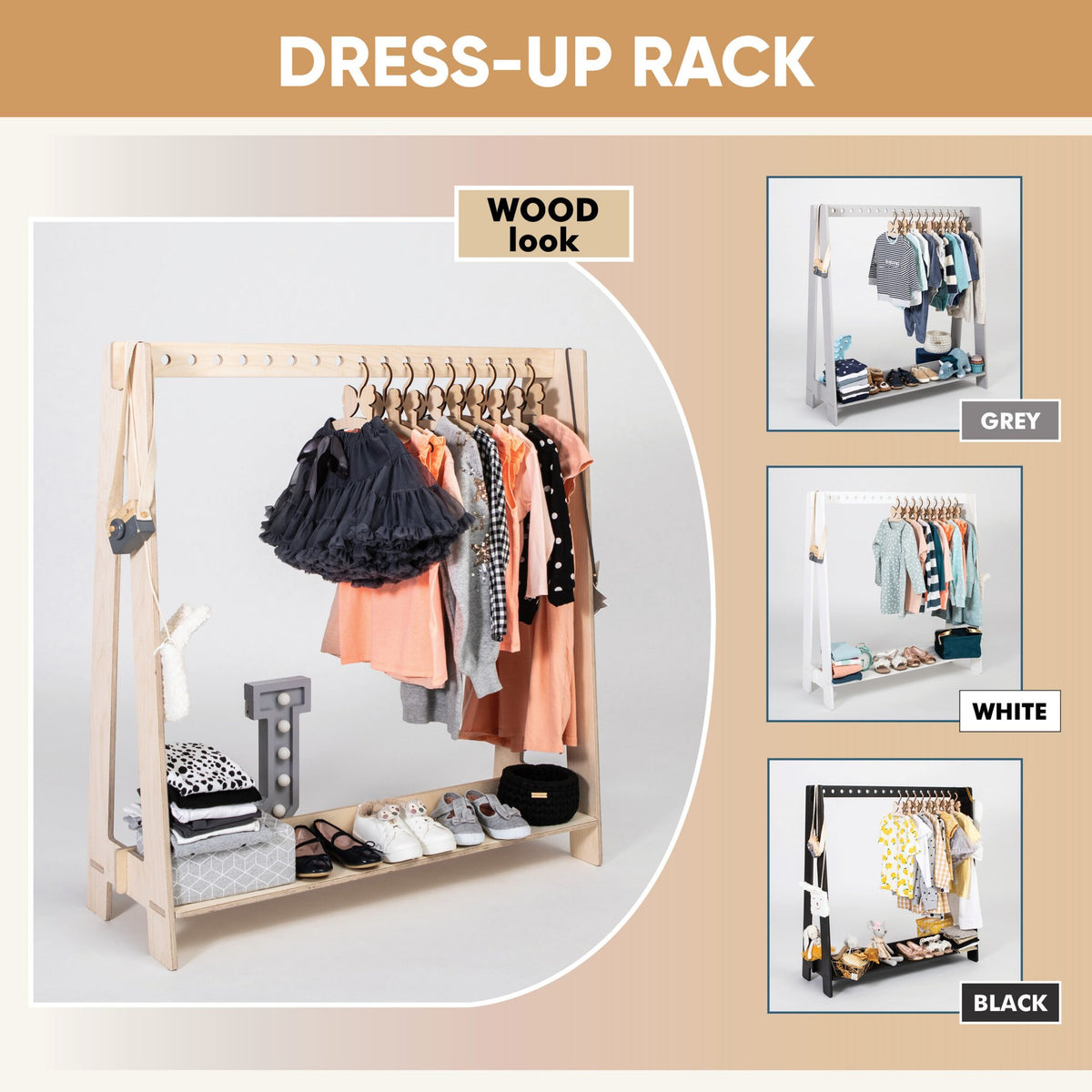 8. Dress-up rack in wood, grey, white, and black variations with clothes and accessories