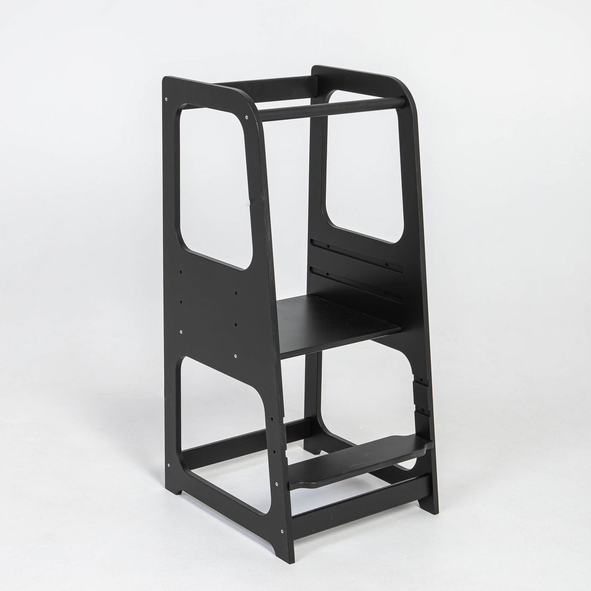 11. Black Montessori helper tower step stool on white background