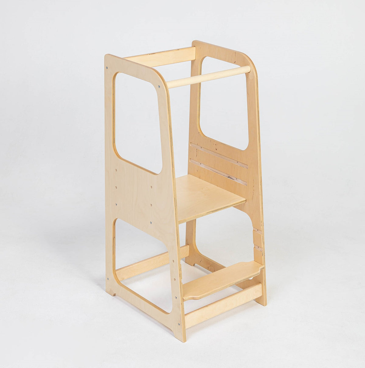 15. Natural wood Montessori helper tower step stool on white background