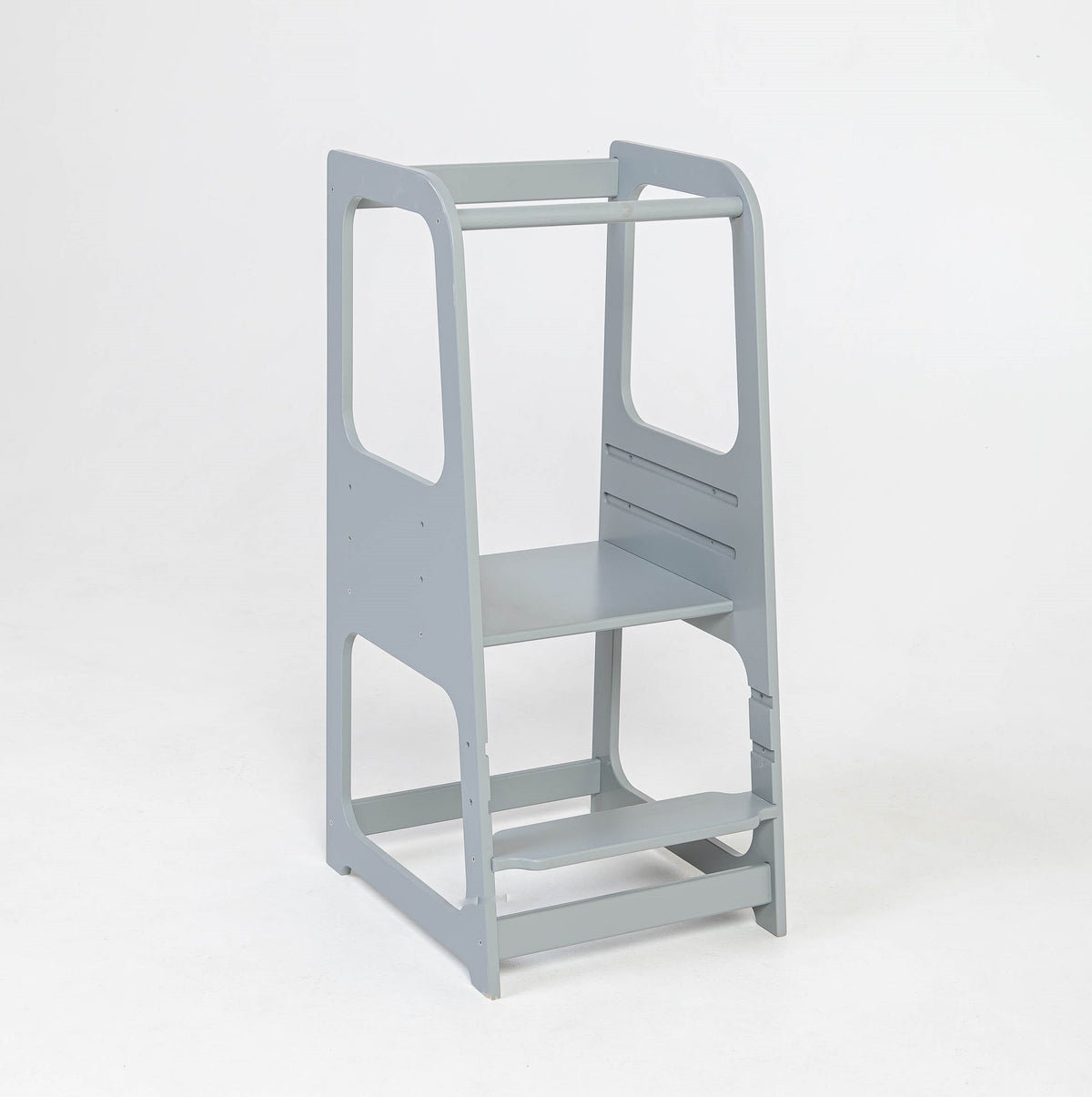 13. Grey Montessori helper tower step stool on white background