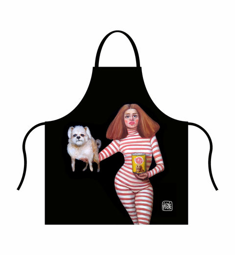 3. Apron featuring artwork by Katrin Valgemäe with a woman in striped bodysuit holding a dog and a can, set against a black background