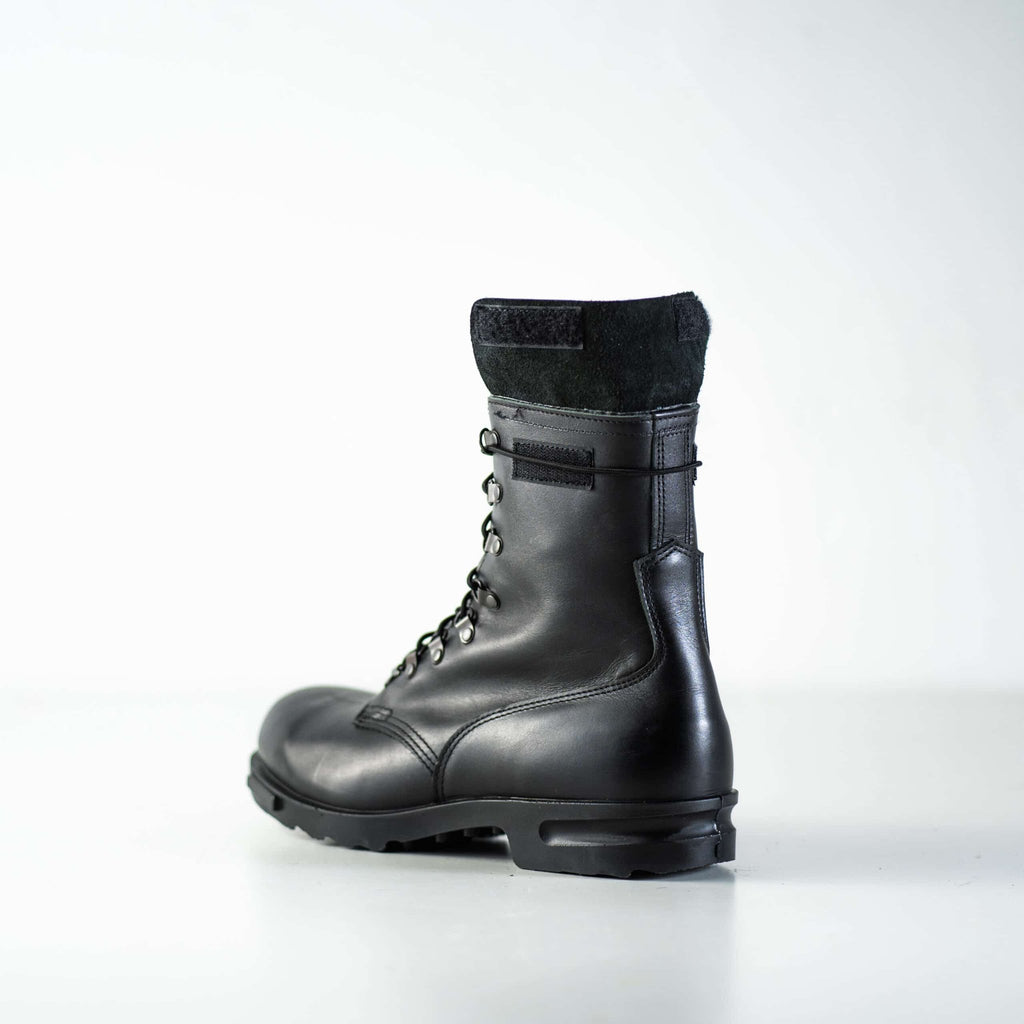 3. Side view of Samelin Hawk Pilot Boots in black full-grain leather, studio setting