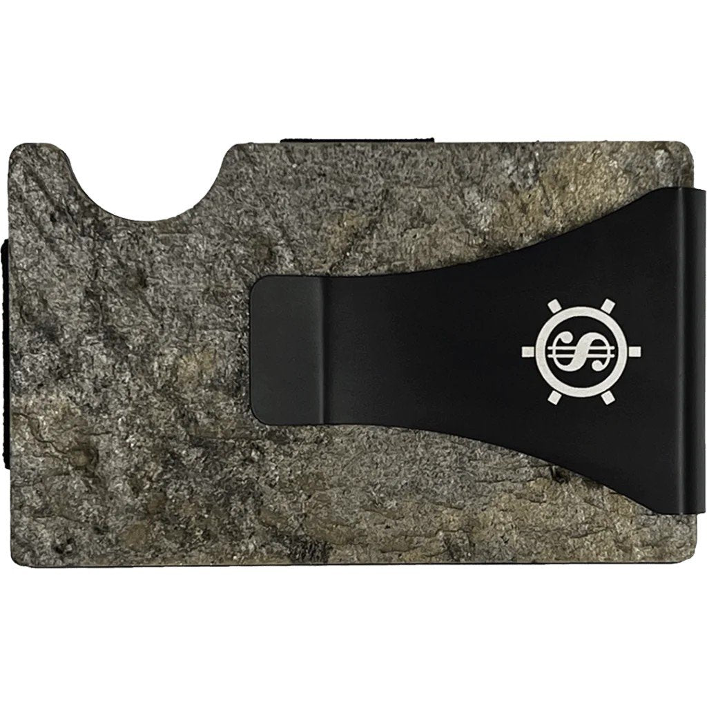 5. Close-up of Pime Kõrb cardholder with black money clip and slate stone texture