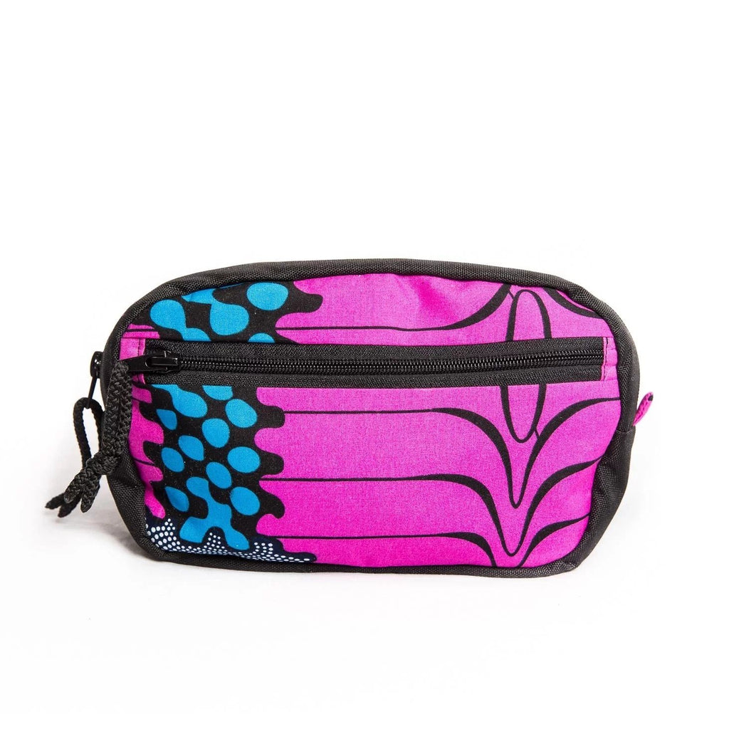 1. Drinbags pink waist bag with black and blue pattern, front view showing zippered pocket