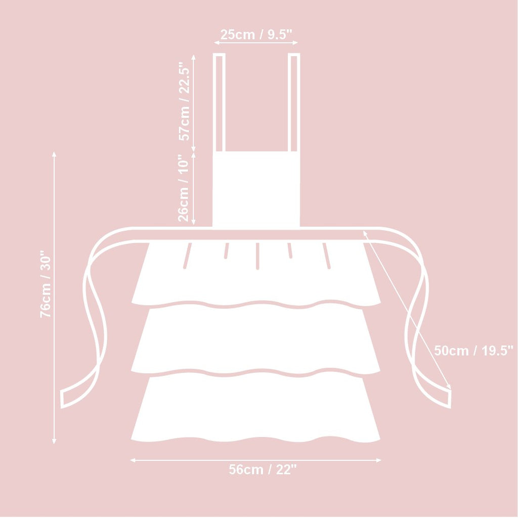 2. Size chart for ladies lemon print apron with ruffles, showing dimensions in cm and inches
