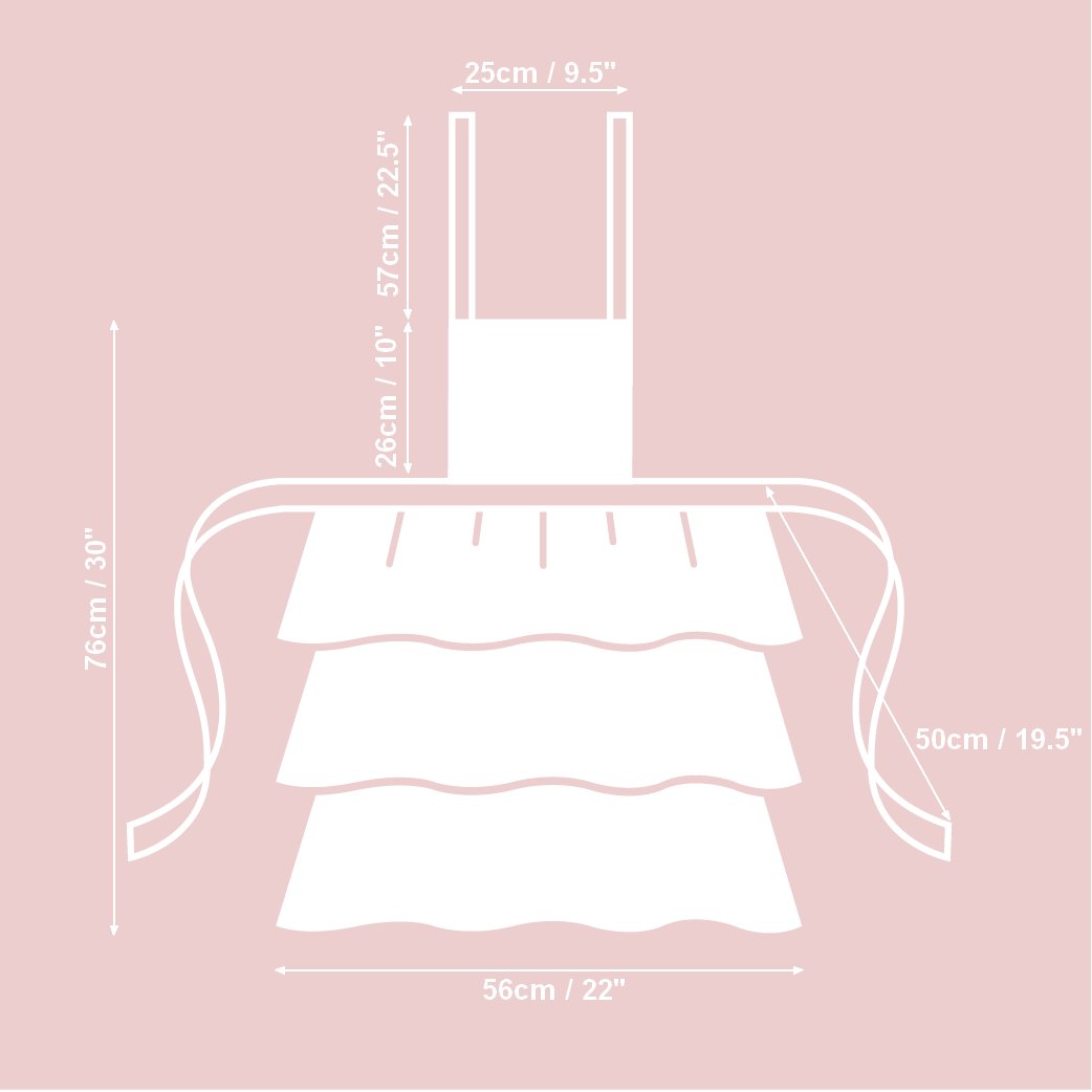 2. Size chart for ladies lemon print apron with ruffles, showing dimensions in cm and inches