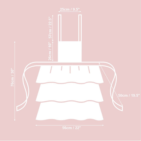 3. Size chart for Hortensias Home ladies apron with ruffles, showing dimensions in cm and inches
