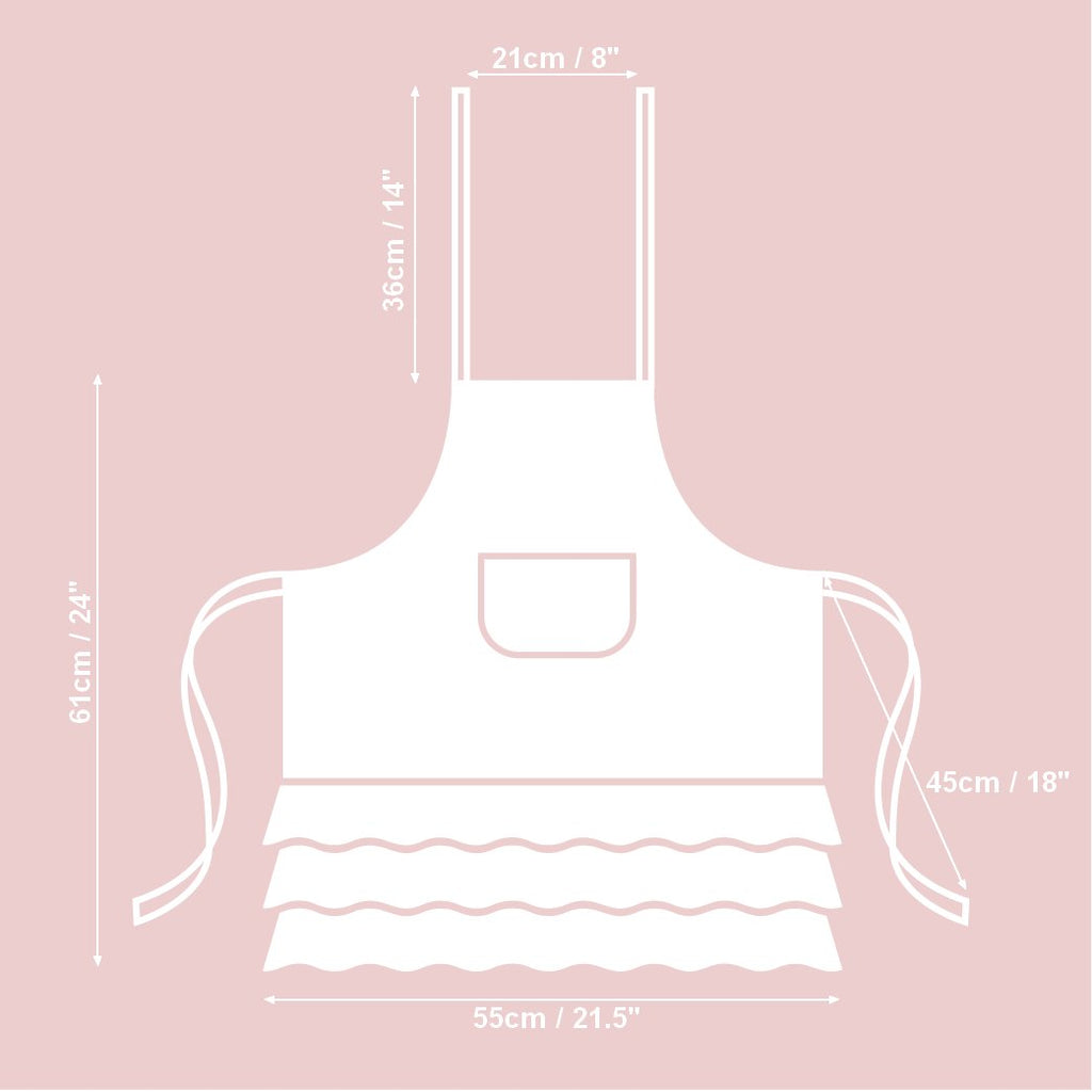 2. Size chart for Kids Easter Happy apron by Hortensias Home, showing detailed measurements in centimeters and inches