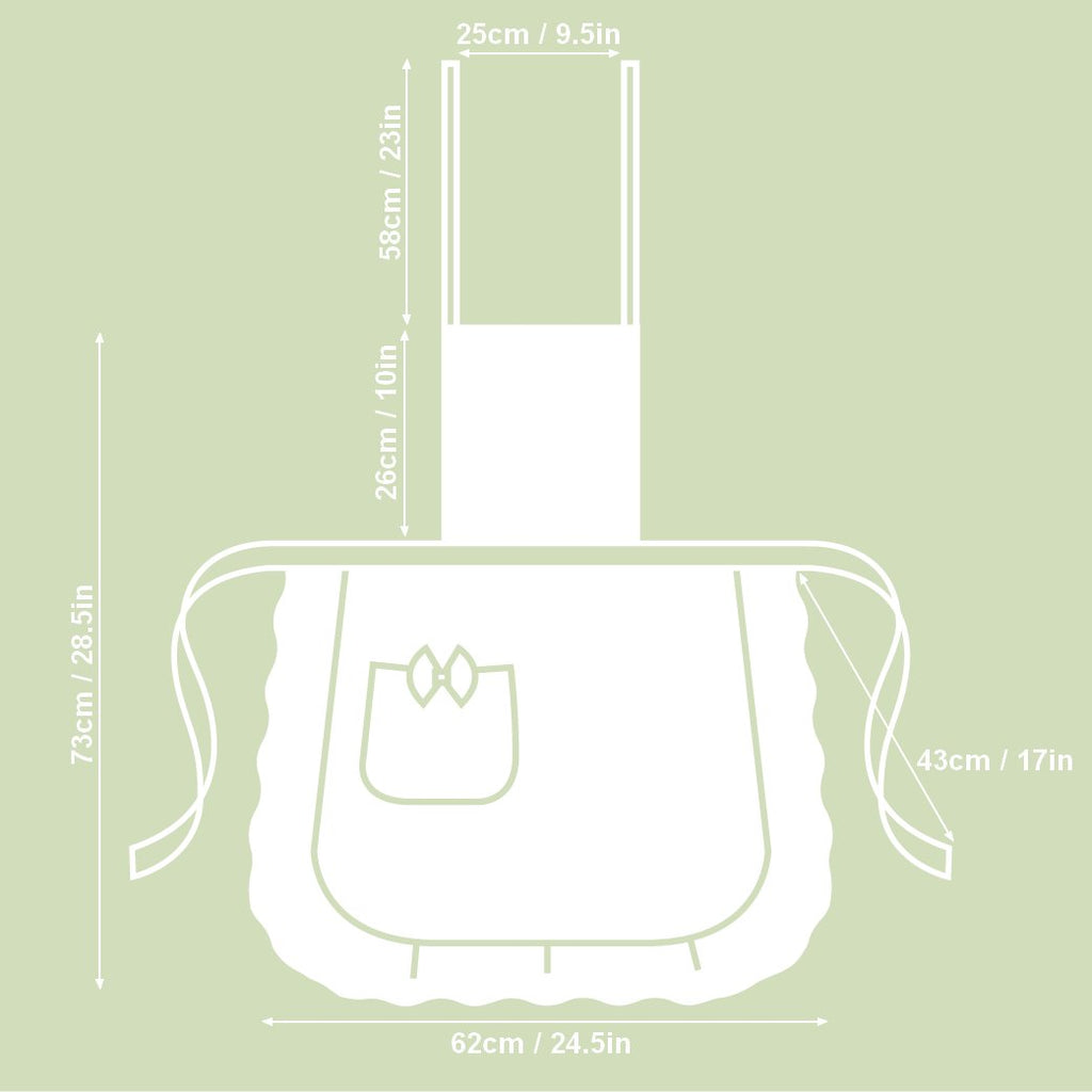 5. Size chart for Hortensias Home Botanico apron, showing dimensions in cm and inches